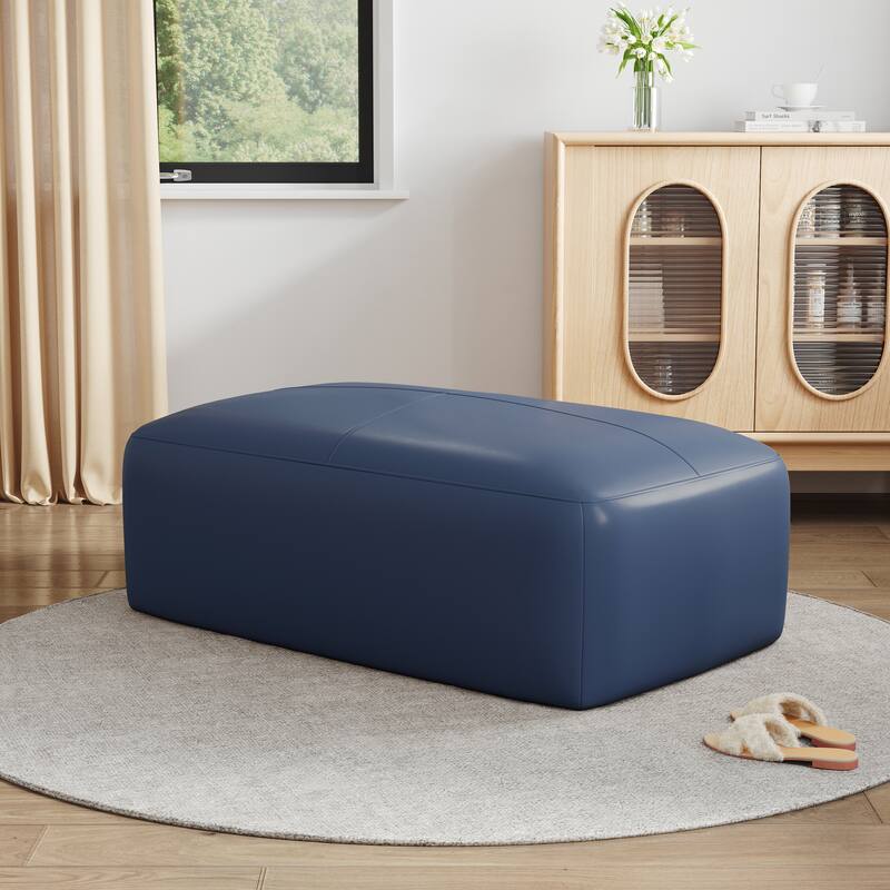 UIXE Genuine Leather Ottoman, Upholstered Ottoman for Living Room - Rectangular - Navy Blue