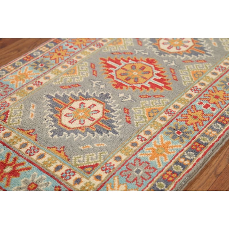 Gray Geometric Kazak Accent Rug Hand-Knotted Traditional Wool Carpet - 2'1"x 2'10"