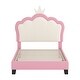 preview thumbnail 5 of 34, Cute Girl Princess Bed with Crown Headboard, PU Upholstered Platform Bed, Wood Panel Bed Low Profile Bed