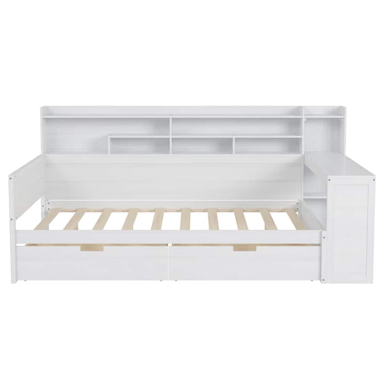 Wooden Full Size Daybed with Storage Shelves, Two Drawers & Study Desk,Antique White