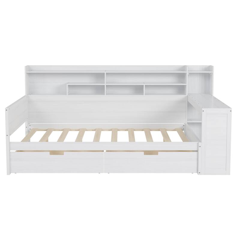 Wooden Twin Size Daybed with Storage Shelves, Multi-functional Bed with 2 Storage Drawers and Study Desk, Antique White
