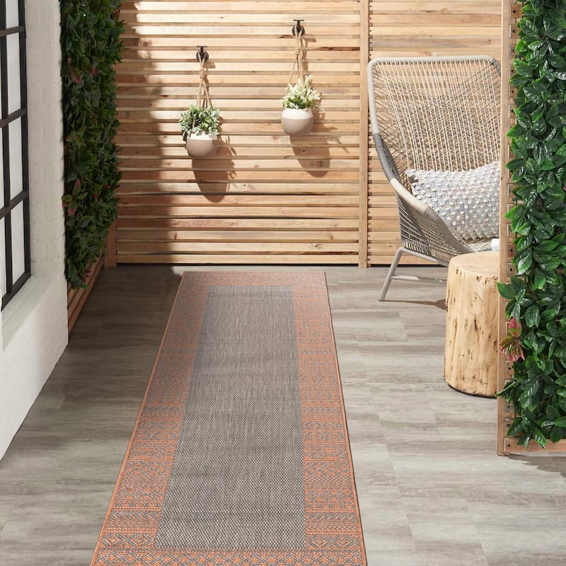 Bohemian Bordered Indoor/Outdoor Flatweave Waterproof Backyard Patio Area Rug - Rust - 2'x7' Runner