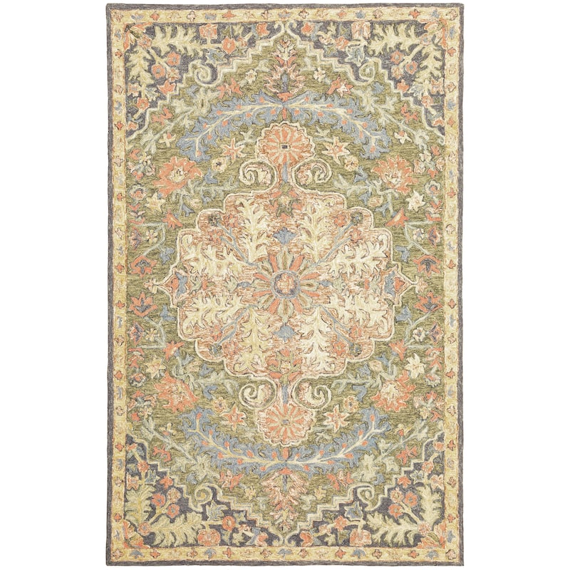 Style Haven Ava Hand-tufted Wool Loop-pile Bohemian Medallion Blue/Green/Salmon Rug - 8' x 10' - Rectangle