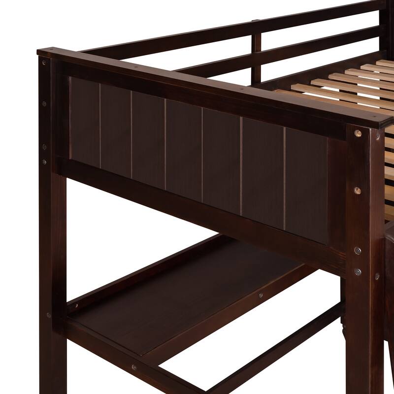 Full Size Loft Bed with Drawers and Writing Desk, Wooden Storage Bed with Shelves, Safety Guardrails and Ladder
