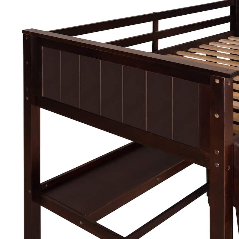 Twin Size Loft Bed Kids Bed Frame Wooden Storage Bed with Desk, Shelves, Pull-out Drawers, Ladder and Guardrail