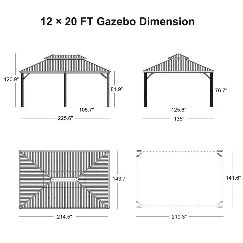 PURPLE LEAF Outdoor Gazebo Aluminum Frame Galvanized Steel Hardtop Gazebo with Bulbs