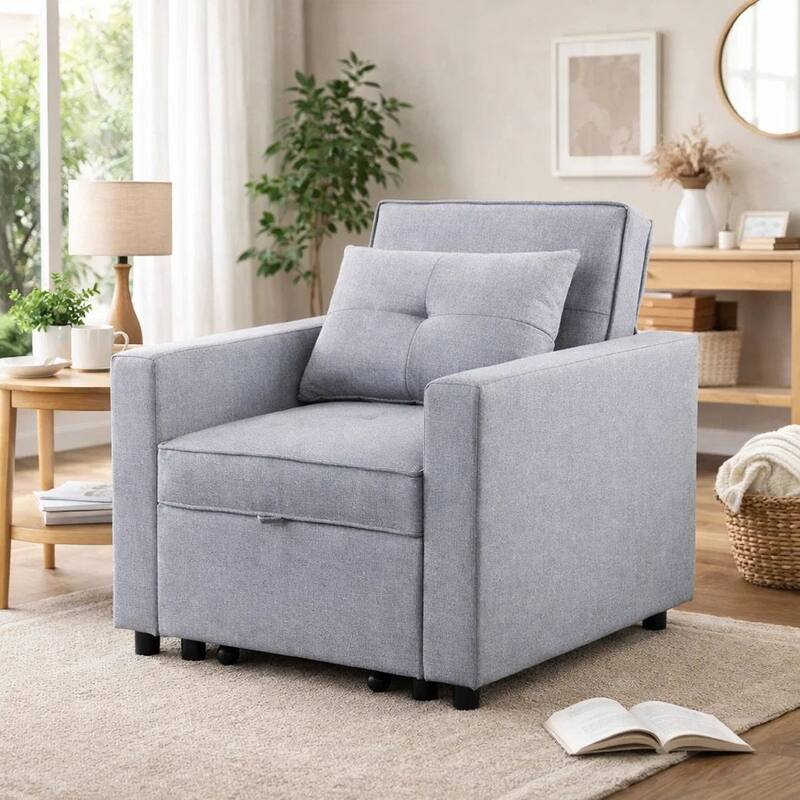 Vito 34 Inch Convertible Sleeper Armchair, Side Pocket, Light Gray Linen