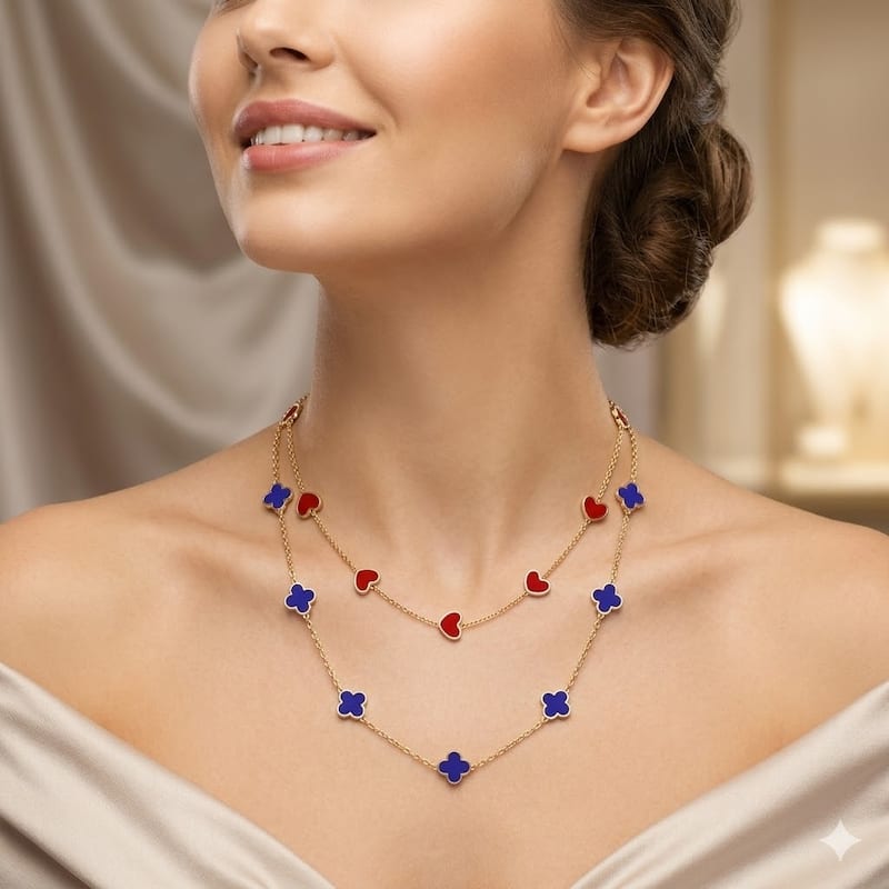 Curata 14k Yellow Gold Italian 18" Inlaid Genuine Gemstone 7mm Heart Station Necklace