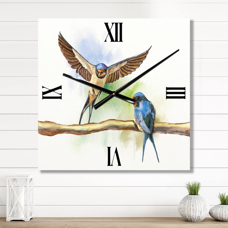 Designart 'Two Barn Swallows Birds' Farmhouse Large Wall Clock - 16 in. Wide x 16 in. High