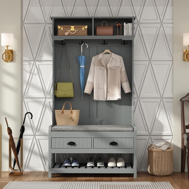 34.3'' W 68.5"H Hall Tree with Bench and Shoe Storage With Cushion
