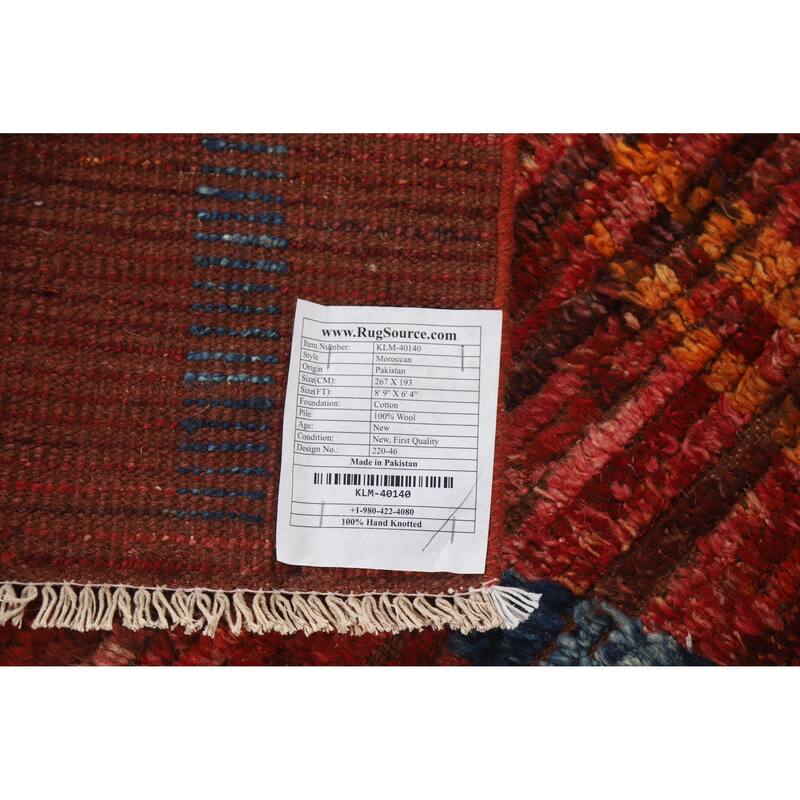 Geometric Moroccan Oriental Area Rug Handmade Red Wool Carpet - 6'4" x 8'9"