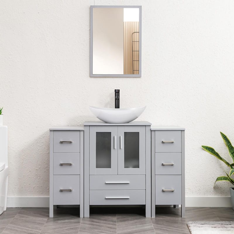 48" Bathroom Vanity Set Vessel Sink Faucet W/ Small Cabinet Combo - white ceramic boat sink - Grey