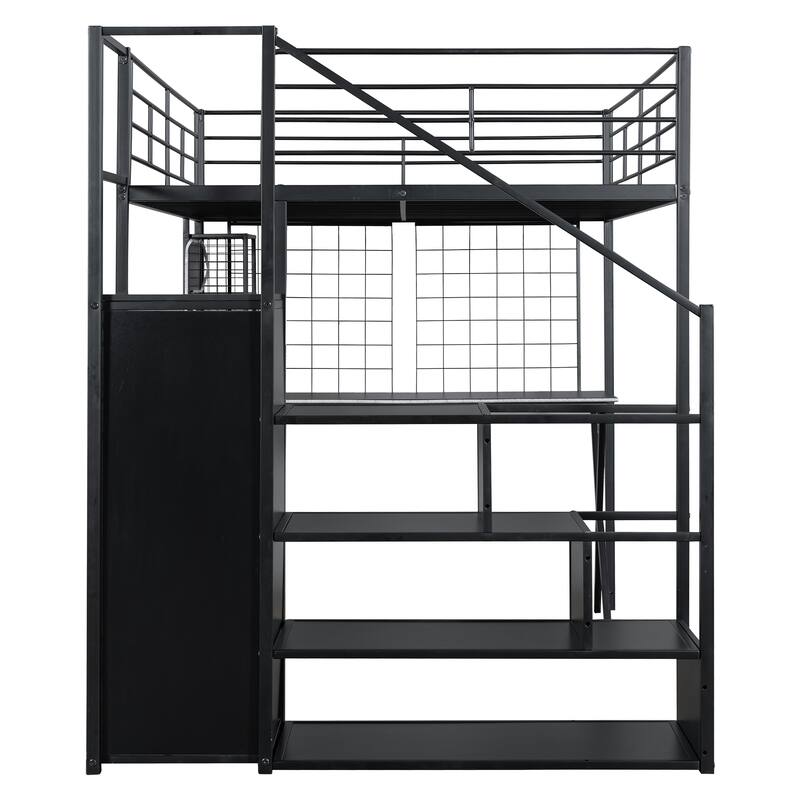 Metal High Loft Bed Frame with Guardrail, Full Size LED Loftbed with Built-in Work Station, Storage Staircase and Wardrobe