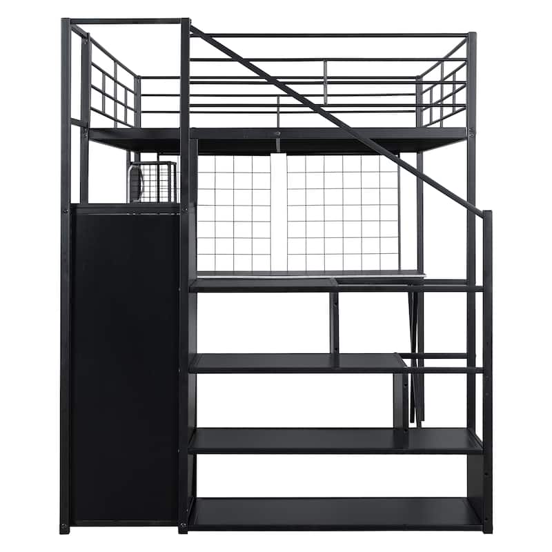 Metal Loft Bed Frame with Built-in Work Station, Computer Desk, Wardrobe, Storage Staircase and LED