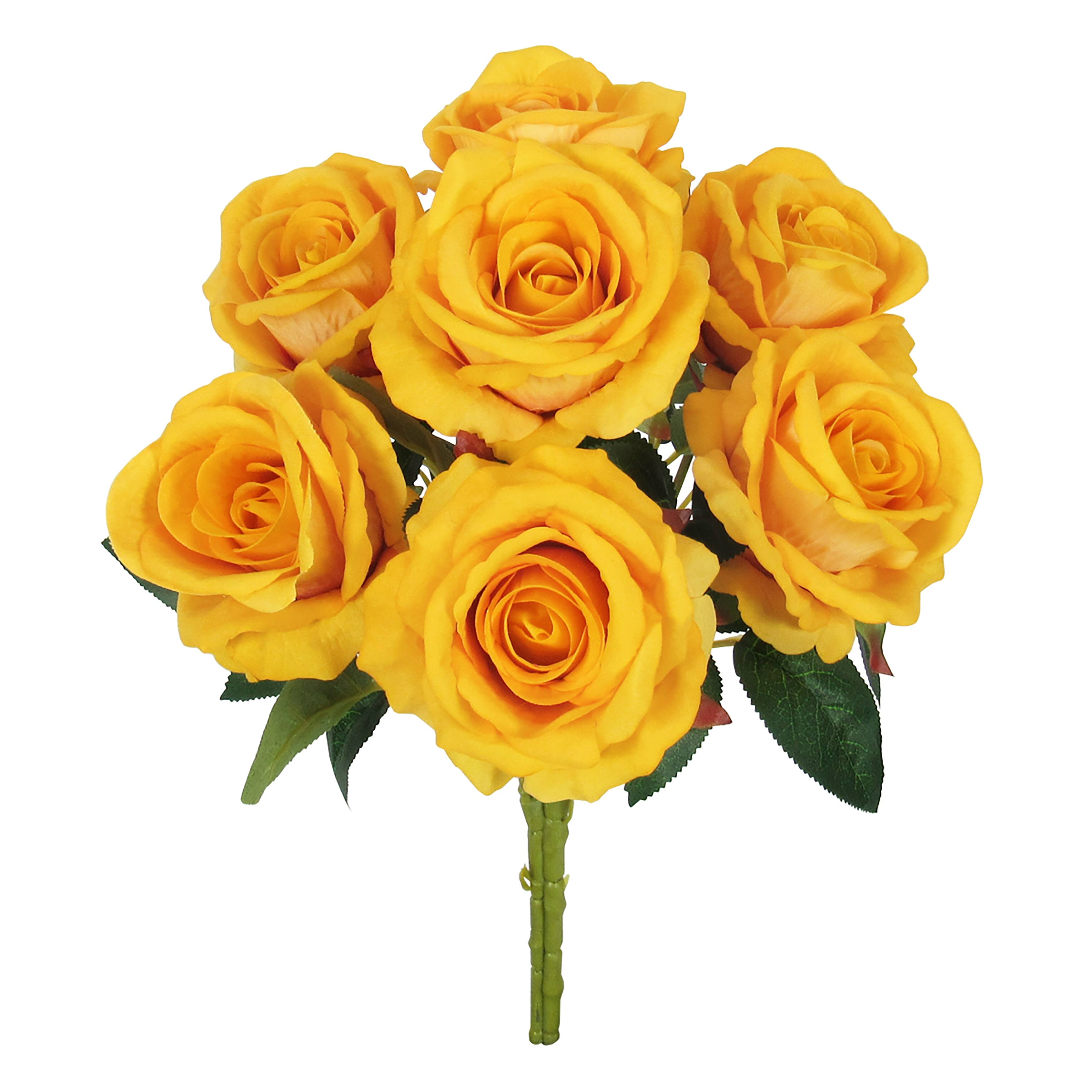 Set of 2 Yellow Artificial Velvet Rose Flower Stem Bush Bouquet 16in