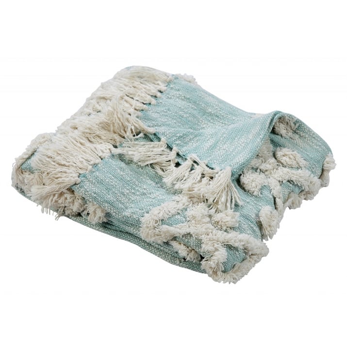 60" X 50" Blue and White Woven Cotton Geometric Throw Blanket with Fringe