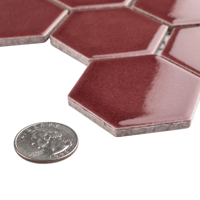 Merola Tile Tribeca 2" Hex Glossy Rusty Red 11-1/8" x 12-5/8" Porcelain Mosaic Floor and Wall Tile