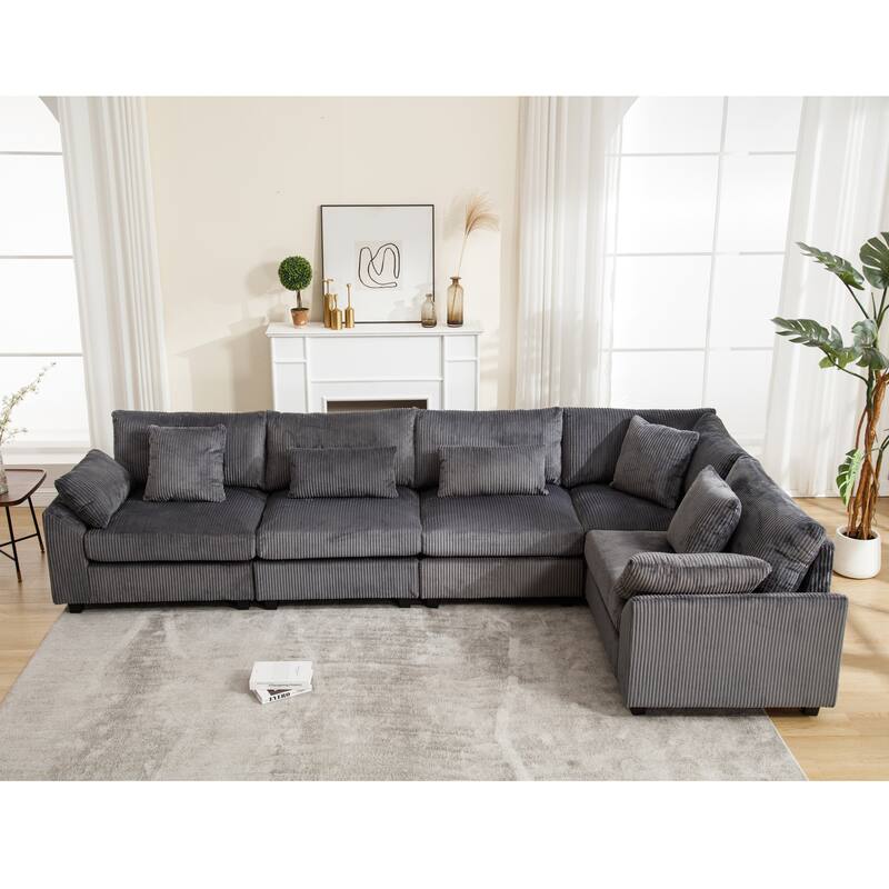 Oversized Modular Sectional Sofa Set, Corduroy Upholstered 5 - Seat Sofa, Dark Gray