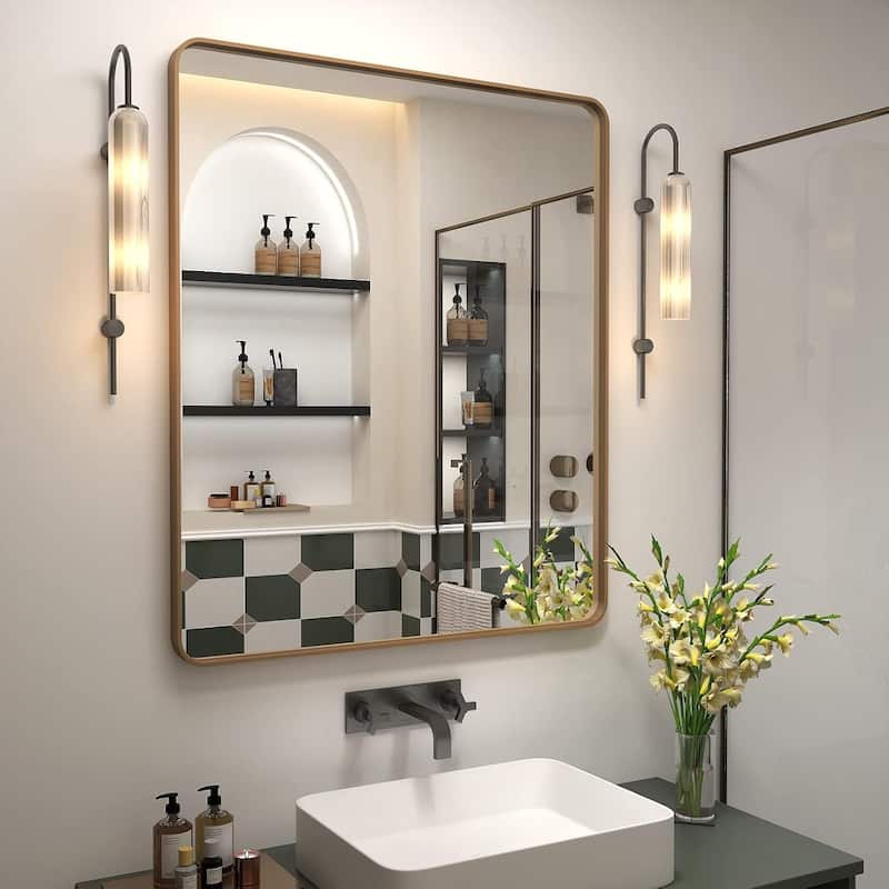 Aluminum alloy Framed Tempered Glass Wall Bathroom Vanity Mirror - 36" x 32" - Gold