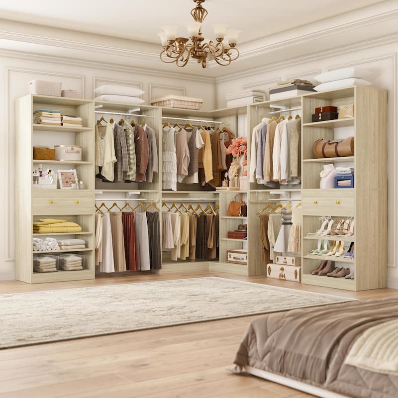 Zyntex Corner Closet System with 2 Wooden Drawers and 6 Hanging Rods, Freestanding Walk-in Closet Organizer with Storage Shelves