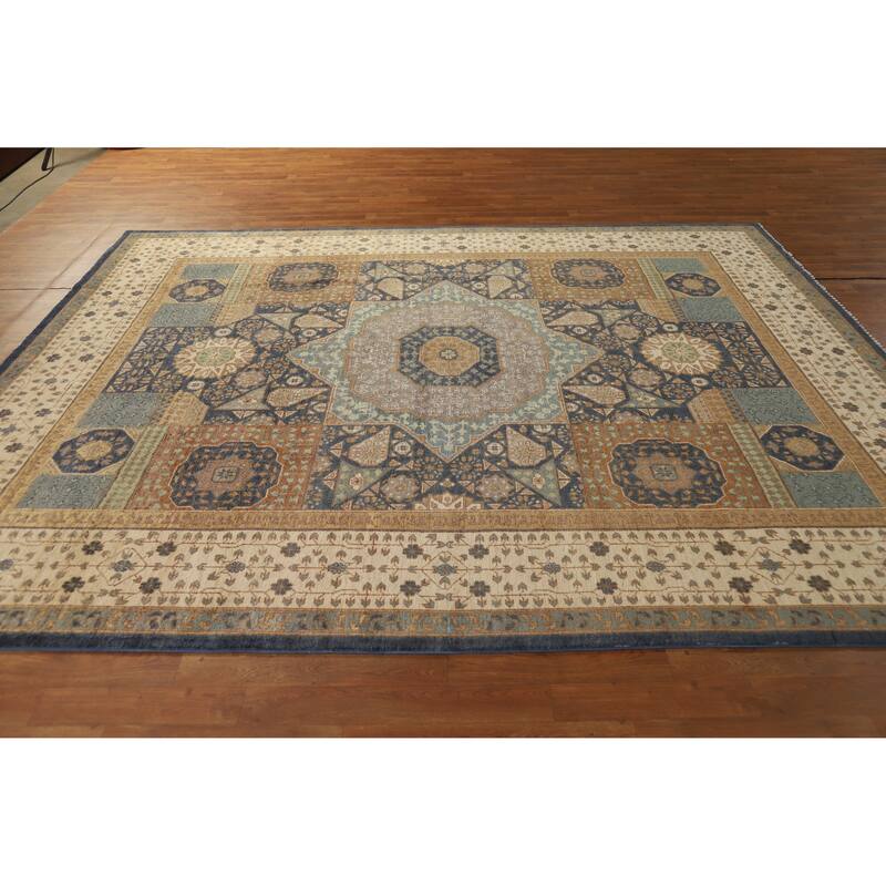 Hand Knotted Oriental 100% Wool Carpet Traditional Geometric Navy Blue & Blues Kazak Area Rug - 9' 10'' X 7' 11''