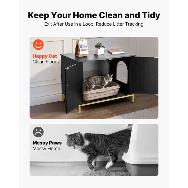 Black Cat Litter Box Cabinet with Enclosed Odor-Blocking Design Spacious Interior and Metal Legs - 27.56 x 17.72 x 21.46 in