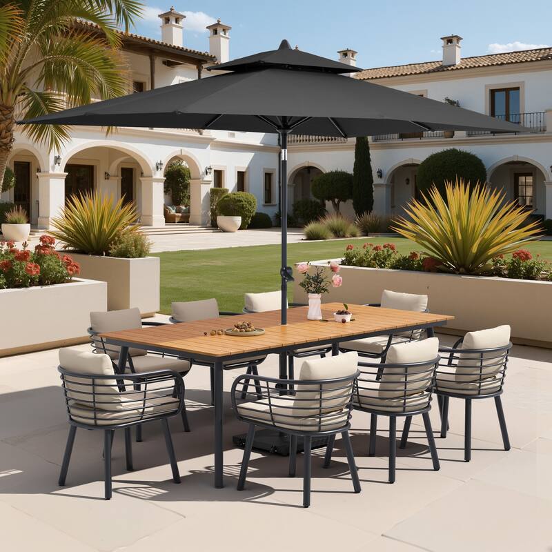 11-Piece Outdoor Patio Dining Set with Sunbrella Cushion Aluminum Dining Table and Chairs w/10 ft Umbrella and Base with Wheels