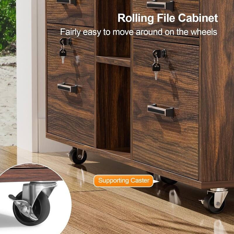 4 Drawer Wood Mobile Lockable Rolling File Cabinet with Shelves