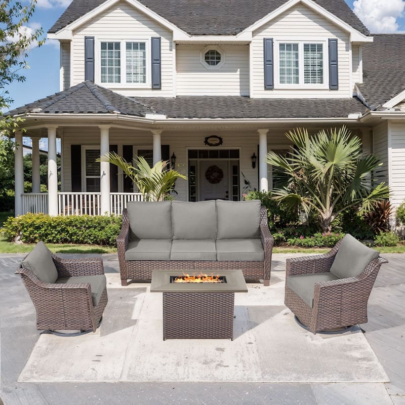 Outdoor Fire Pit Table with Sofa Funiture - Brown Wicker / Grey Cushion - 4-Piece Sofa Chair with Fire Table
