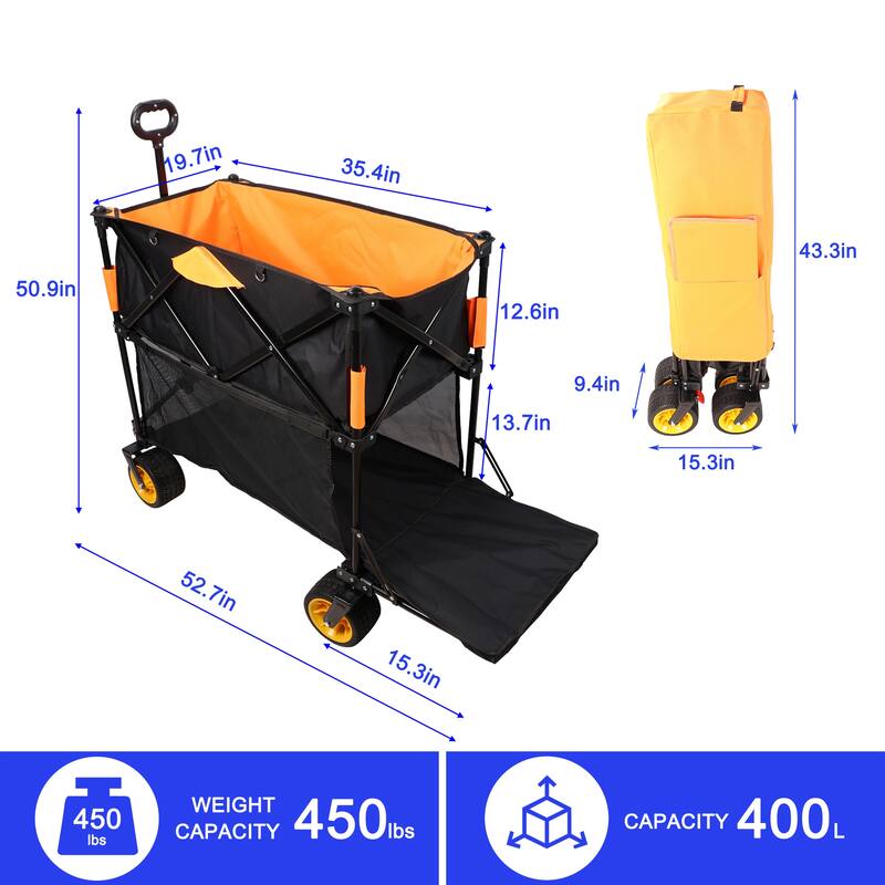 Extra-Long Large Capacity Folding Wagon Cart - Extended Garden & Beach Hauler, Black & Orange