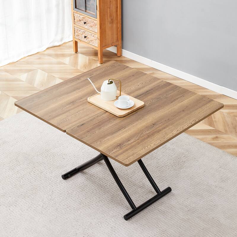 Modern Lift Table With 0.8-Inch Wood-Textured MDF Top & Black Metal Legs; Functions As Dressing, Coffee, Dining, Or Office Desk.