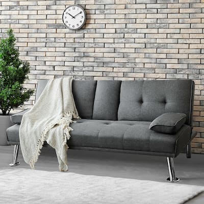 Gymax Fabric Folding Convertible Futon Sofa Bed with 2 Cup Holders - See Details