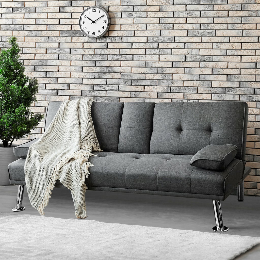Gymax Fabric Folding Convertible Futon Sofa Bed with 2 Cup Holders - See Details