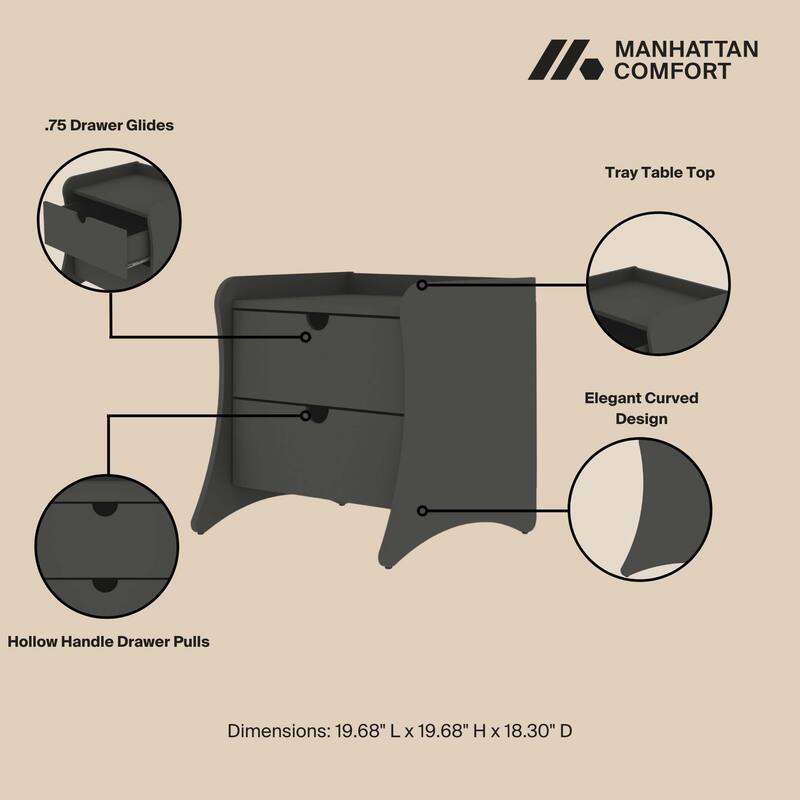 20-Inch Two-Drawer Nightstand in Charcoal Gray, Mid-Century Modern