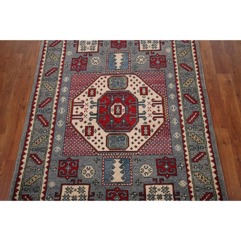 Geometric Kazak Accent Rug Hand-Knotted Wool Carpet - 3'4" x 4'10"