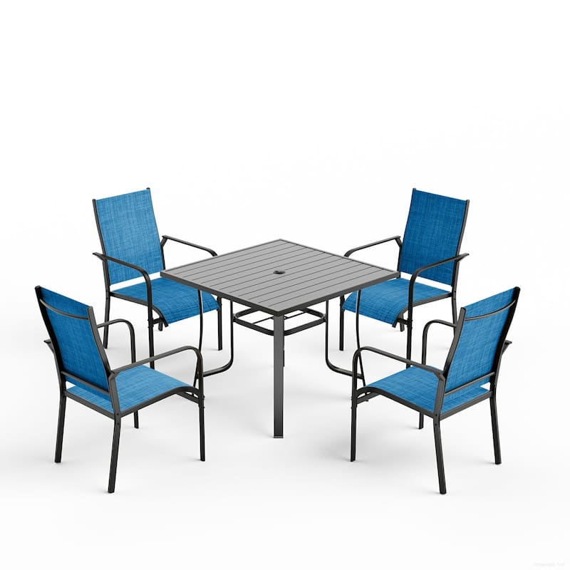 5/7/9-Piece Outdoor Patio Dining Set with Stackable Textilene Chairs and Slatted Table, Furniture with Adjustable Umbrella Hole