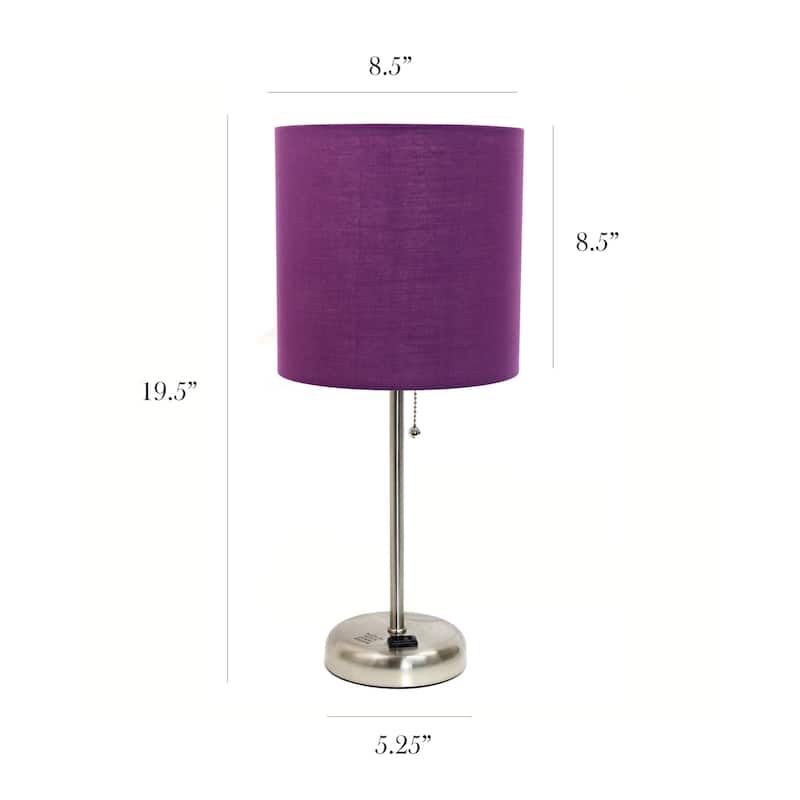 19.5 in. Brushed Steel Finish Table Lamp with Purple Shade, Durable Stick Lamp for End/Side Tables, Set of 2