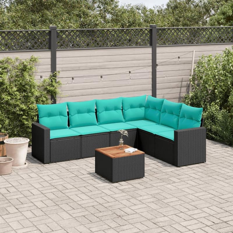 vidaXL Patio Sofa Set with Cushions Outdoor Furniture 7 Piece Poly Rattan - 25.8x 24.4x 27.2 - Black-3x middle+Table+corner