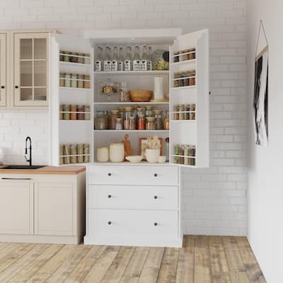 Kitchen Pantry Cabinet with 8 Doors Shelves, Wood Storage Cabinet with 3 Storage Drawers, Cupboard with Adjustable Shelves