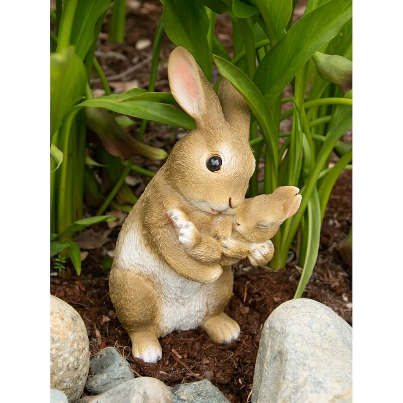 Mom with Baby Rabbit Outdoor Figurine - 10" - Brown and White