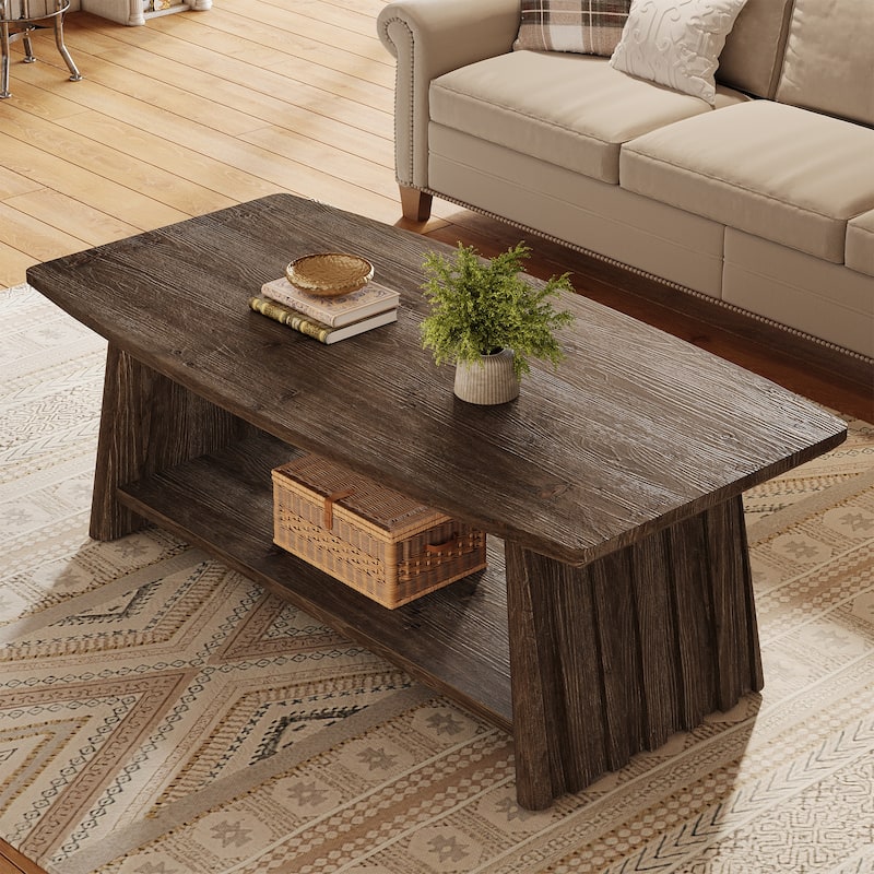 Solid Wood Coffee Table with Storage, 2-Tier Center Accent Table for Living Room Lounge Apartment