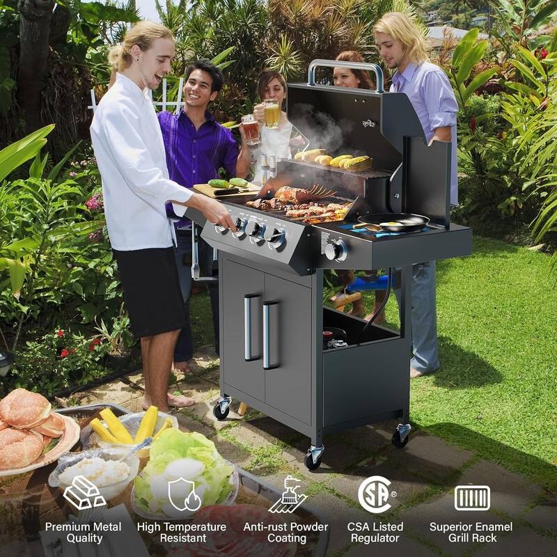 Propane Gas Grill with Side Burner with Enameled Cast Iron Grates, Shelf & Cabinet for Outdoor Barbecue Cooking