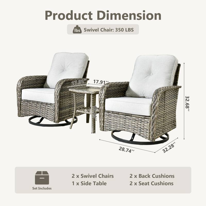 HOOOWOOO 3-piece Grey Wicker Patio Swivel Rocking Chair Set