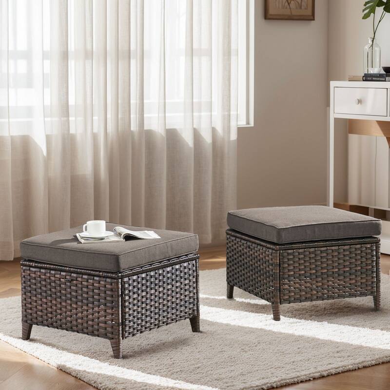 Gymojoy Outdoor Wicker Ottomans, Durable & Weather-Resistant with Olefin Cushions