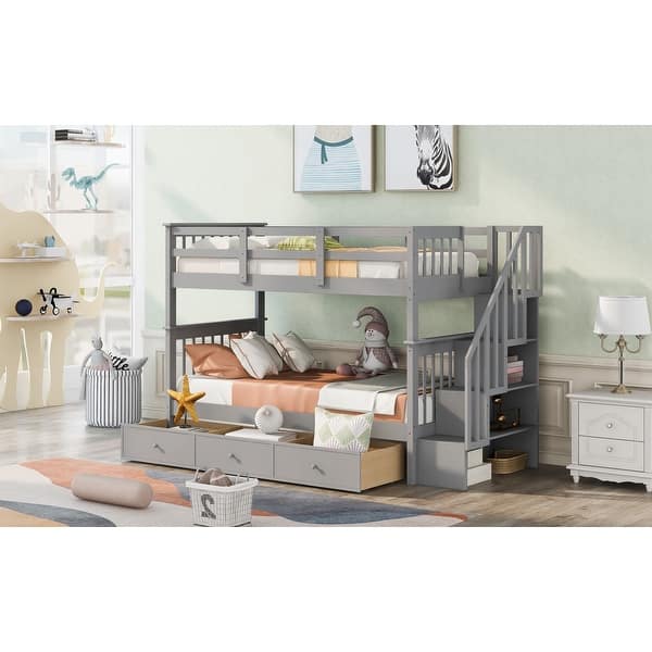 slide 2 of 52, Twin-Over-Twin Bunk Bed with Three Drawers Gray