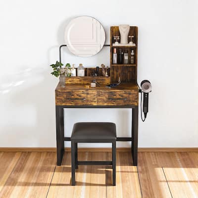 Makeup Vanity Table with Round LED Mirror 3 Color Lights, Power Outlet, 2 Drawers, Metal Legs & Chair