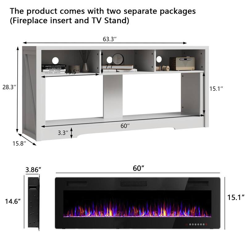 BOSSIN Fireplace 65" TV Stand for TVs Up to 75" TV with 60" Electric Fireplace,Entertainment Center with Open Shelve Storage