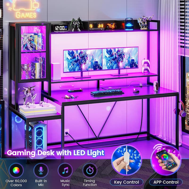 Gaming Desk LED Lights Hutch and Storage Shelves Glass Display Cabinet