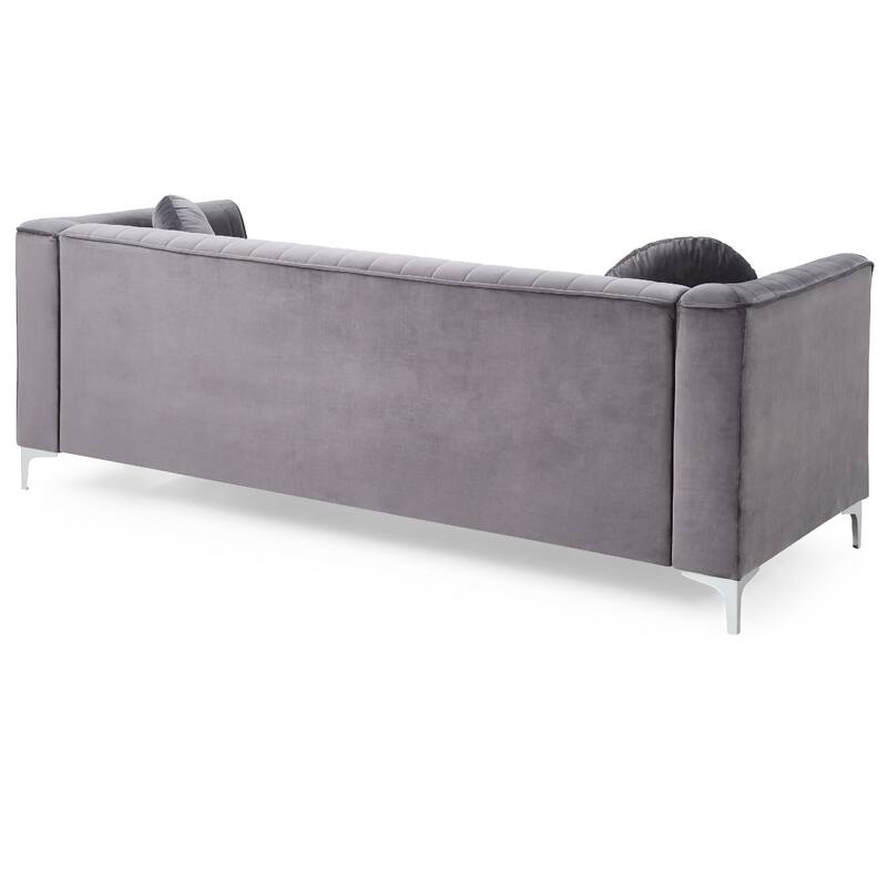 Channel Tufted Velvet 2-Seater Sofa with Throw Pillows - 87" - Gray