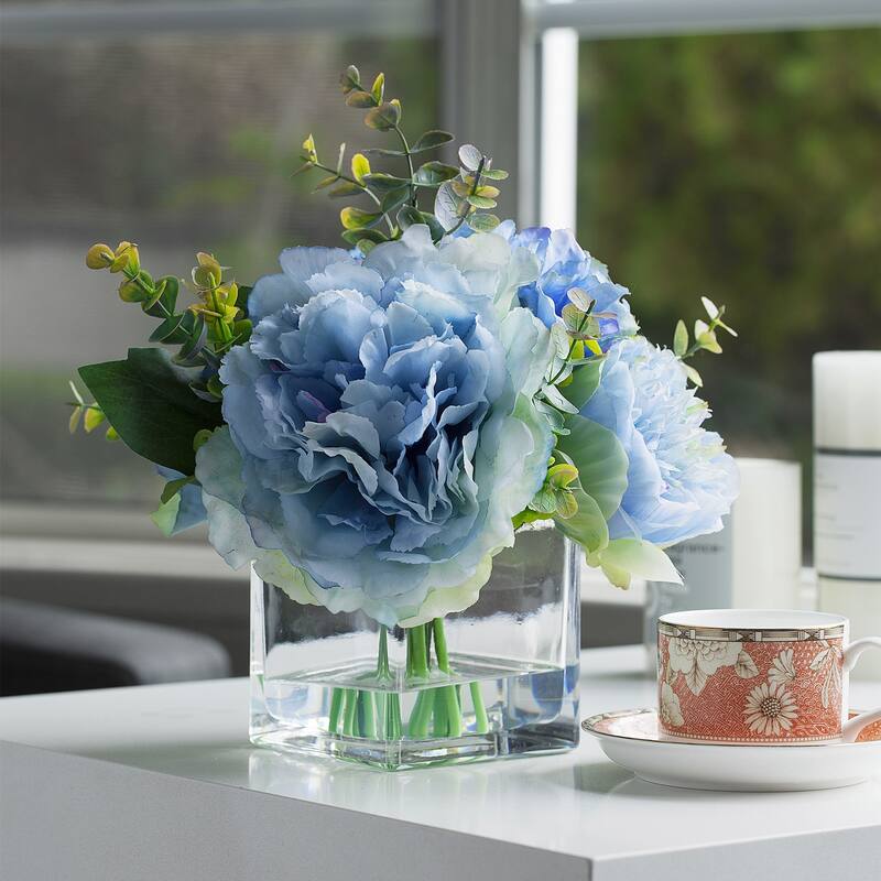 Enova Home Mixed Artificial Peony Flower and Eucalyptus Arrangement in Cube Glass Vase with Faux Water for Home Decór - Blue - Blue